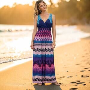 Boho Lace Back Maxi Dress Festival Goddess Indie Multicolor Smocked M L